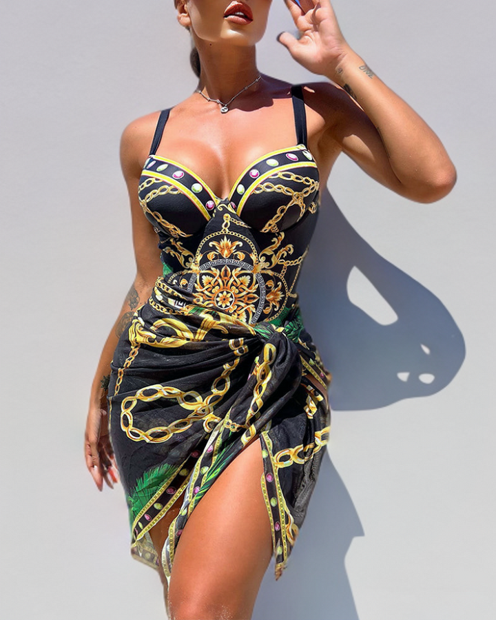 Darius | Push-up one-piece swimsuit with decorative chain details and beach skirt